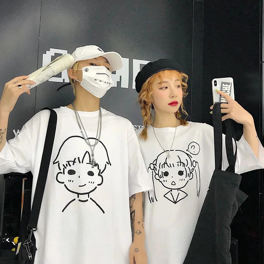 Футболка с принтом из мультфильма Женская и мужская Harajuku, пара топов, летняя футболка, Корейская одежда больших размеров, рубашка с короткими рукавами и круглым вырезом V693