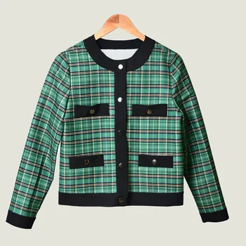 

19 Round Neck Splicing Check Pattern Printing Cardigan England Long Sleeve Short Coat 93236