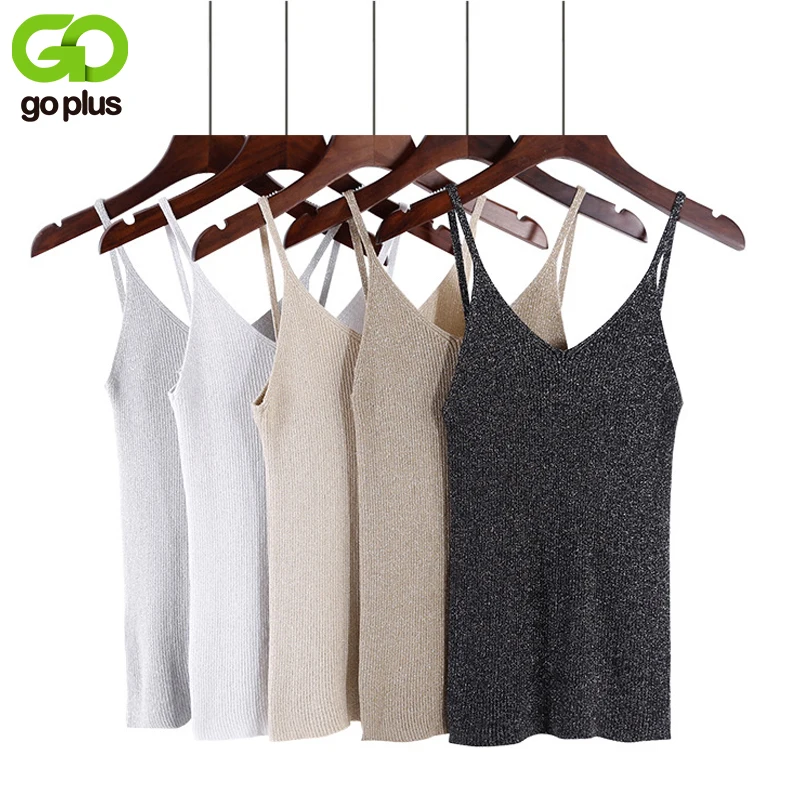 

GOPLUS 2019 Spring Sexy Knitted Tank Top Women Crop top Solid Silver V Neck T-shirt Female Sleeveless Vest Casual Camis Blouse