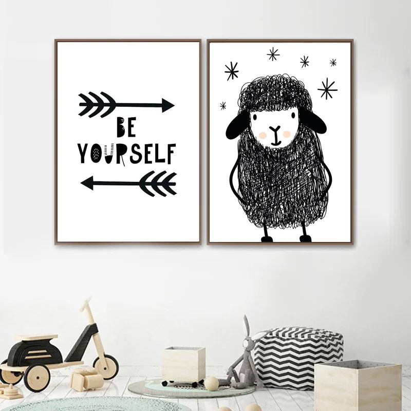 Nordic Cartoon Black White Wall Art Canvas Painting Positive Quote Cute Line Drawing Sheep Poster Print Nursery Kid Room Decor Aliexpress