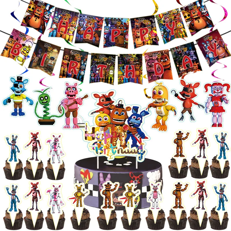 Party Supplies 5 Nights of Freddys Banner Cake Topper Cupcake Toppers  Balloons Stickers Keychains Figures FNAF Birthday Party Decorations Favors