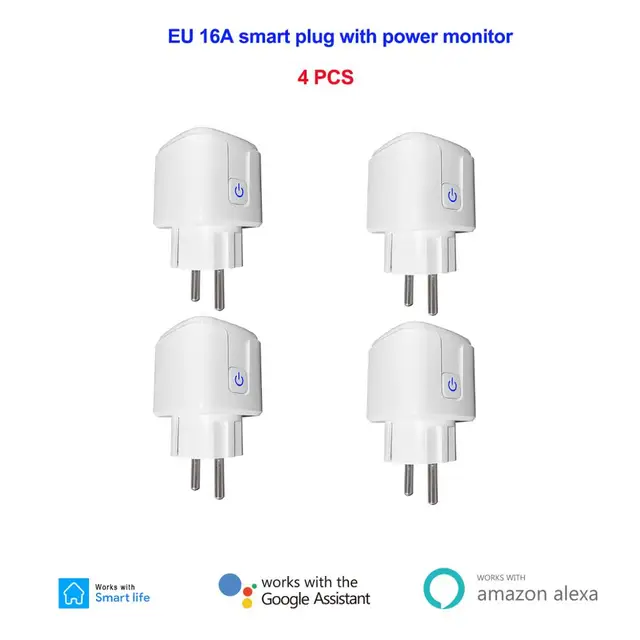 16A EU Smart Wifi Power Plug with Power Monitor Smart Home Wifi Wireless Socket Outlet Works with Alexa Google Home Tuya App 4 Pcs
