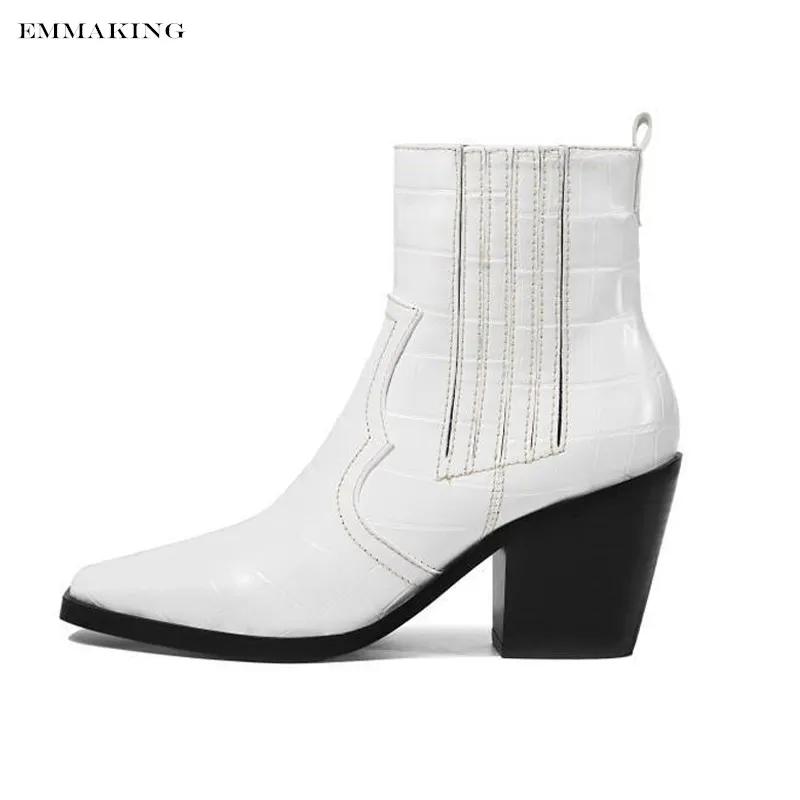 

EMMAKING 2019 Winter Chunky High Heels 8cm Stone Grain Matin Ankle Boots For Woman Fashion Shoes Squral Toe Knight Short Boots