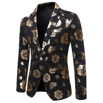 

Blazer men's autumn hot stamping dress suit jacket banquet fashion party suit jacket flower print Slim male suit coat