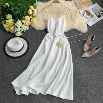 

Women Casual A-Line Solid Dress Female Strapless Spaghetti Strap Empire Dress Ladies Sleeveless Empire Vestidos Cute Clothing