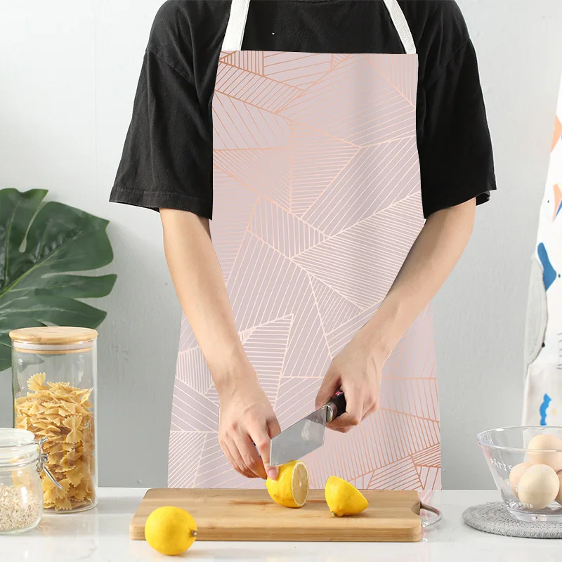 Rose Gold Geometric Printed Kitchen Aprons for Women Man Home Cooking Baking Shop Cleaning Cotton Linen Apron