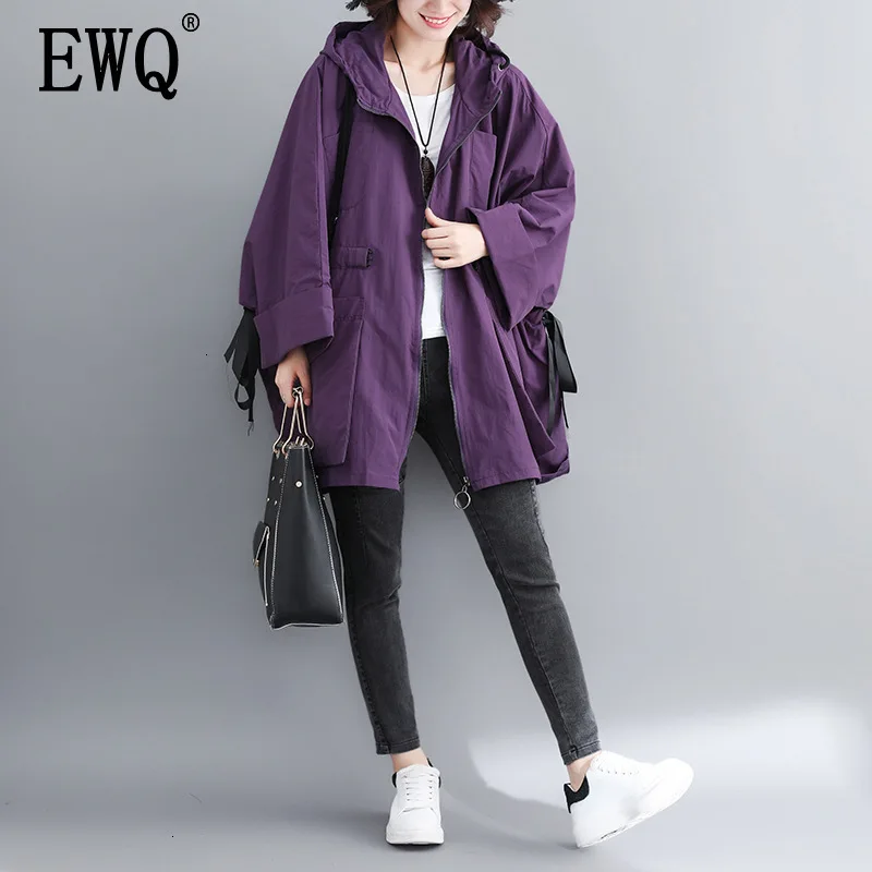 

[EWQ] 2019 Spring Autumn High Quality Hooded Collar Long Sleeve Solid Colors Patchwork Zipper Loose Coat Women Jacket AH51414XL