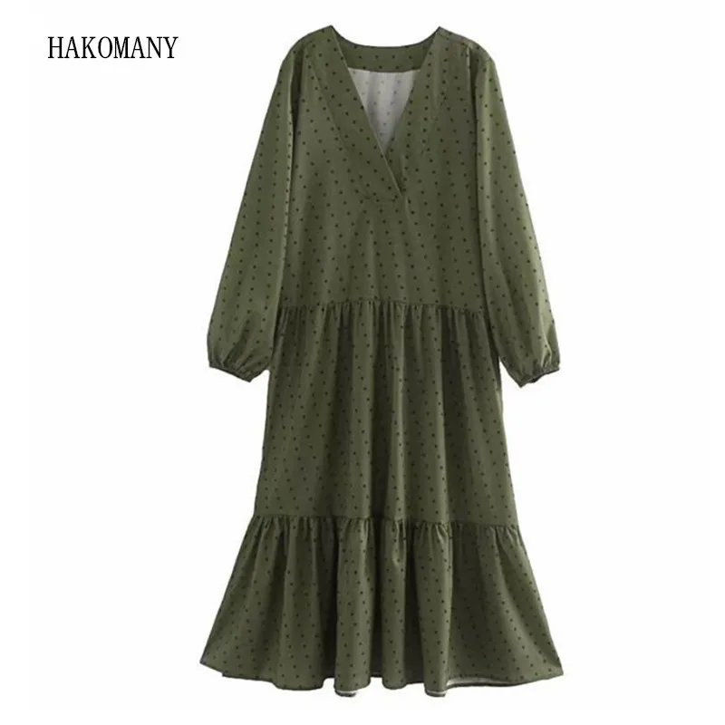 Spring V neck Army Green Polka Dot Print Long sleeve Dress Vintage Woman Hem Stitching Pleated Shirt Dresses