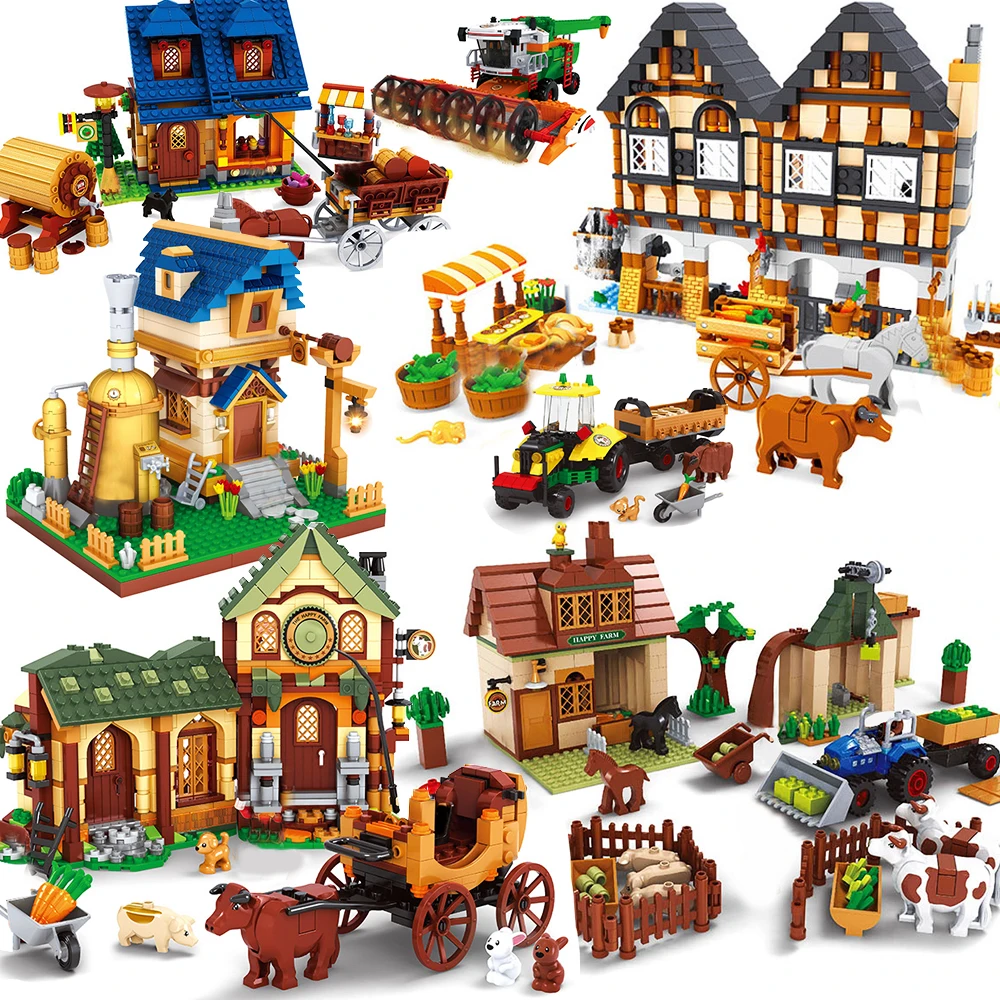 Village Architecture Farm Model Building Blocks Animals Set Harvester