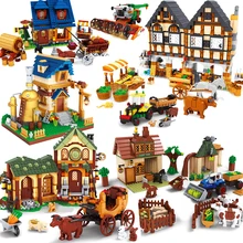 Aldeia arquitetura fazenda modelo blocos de construção animais conjunto colheitadeira trator cavalo transporte figuras brinquedo construção amigo