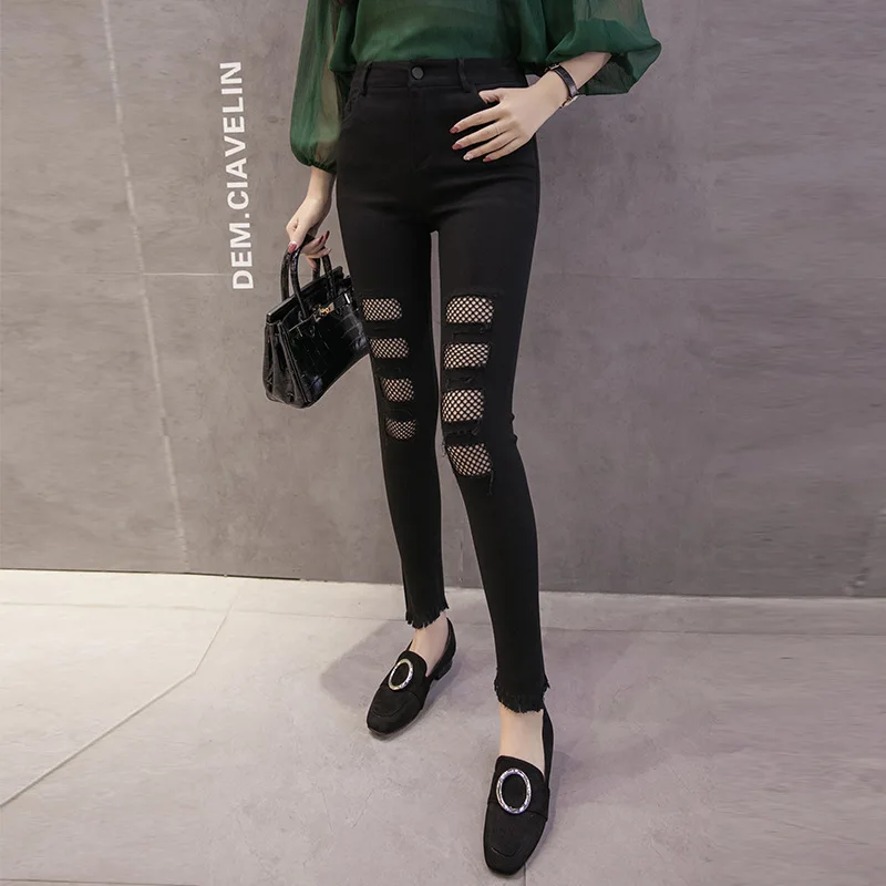Сексуальные женские джинсы с эффектом пуш-ап черные эластичные леггинсы с эффектом потертости из джинсовой сетки, узкие леггинсы, Леггинсы Mujer, Осенние обтягивающие