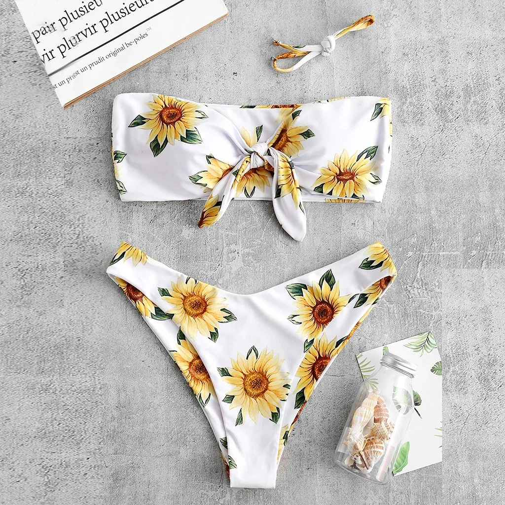 

JAYCOSIN Split High Waist Bikini Swimwear Women Fashion Sunflower Print two-piece Bikini Summer New Cute Beach Swimwear XL