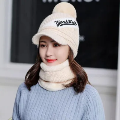 Шапки Skullies, зимняя шапка, комплект, шарф для девочек, шапки Gorras, вязаная шапка, женская теплая шапка, шапки для женщин, шапочки, шапки - Цвет: beige