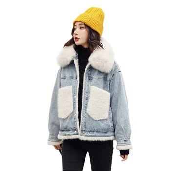 

Winter Coat Women Thick Parka Ladies Casual Warm Big Fox Fur Collar Lining Velvet Denim Coat Female Loose Jacket NS1563