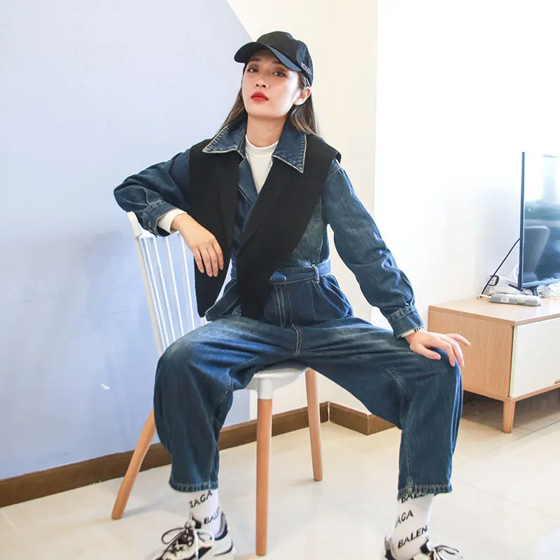 

Spring and Autumn new style Korean fashion casual jeans jumpsuit for women loose cargo jumpsuit