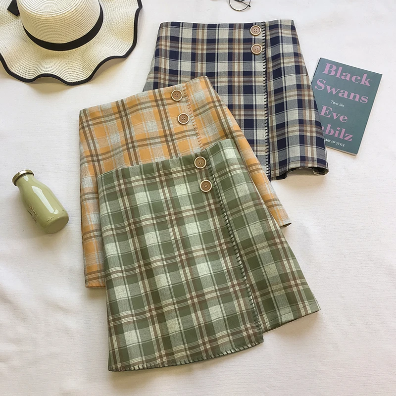 Women Skirt Lattice Harajuku Women Fashion Skirts Cute Yellow Black Skirt Punk Style High Waist Female Mini Short Skirt