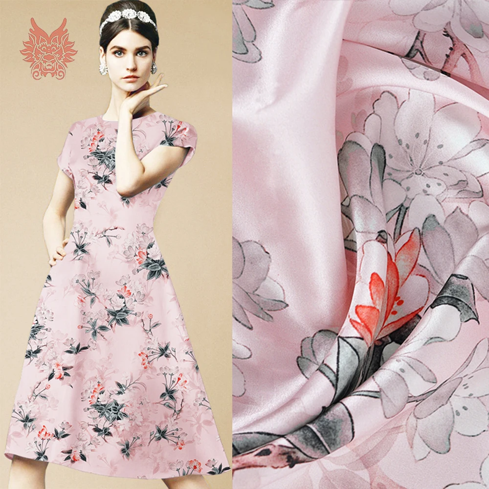 Французский сладкий цветочный принт ткань высокое качество тяжелый 19 мм натуральный спандекс шелк ткань для демисезонное платье юбка tissus SP5789