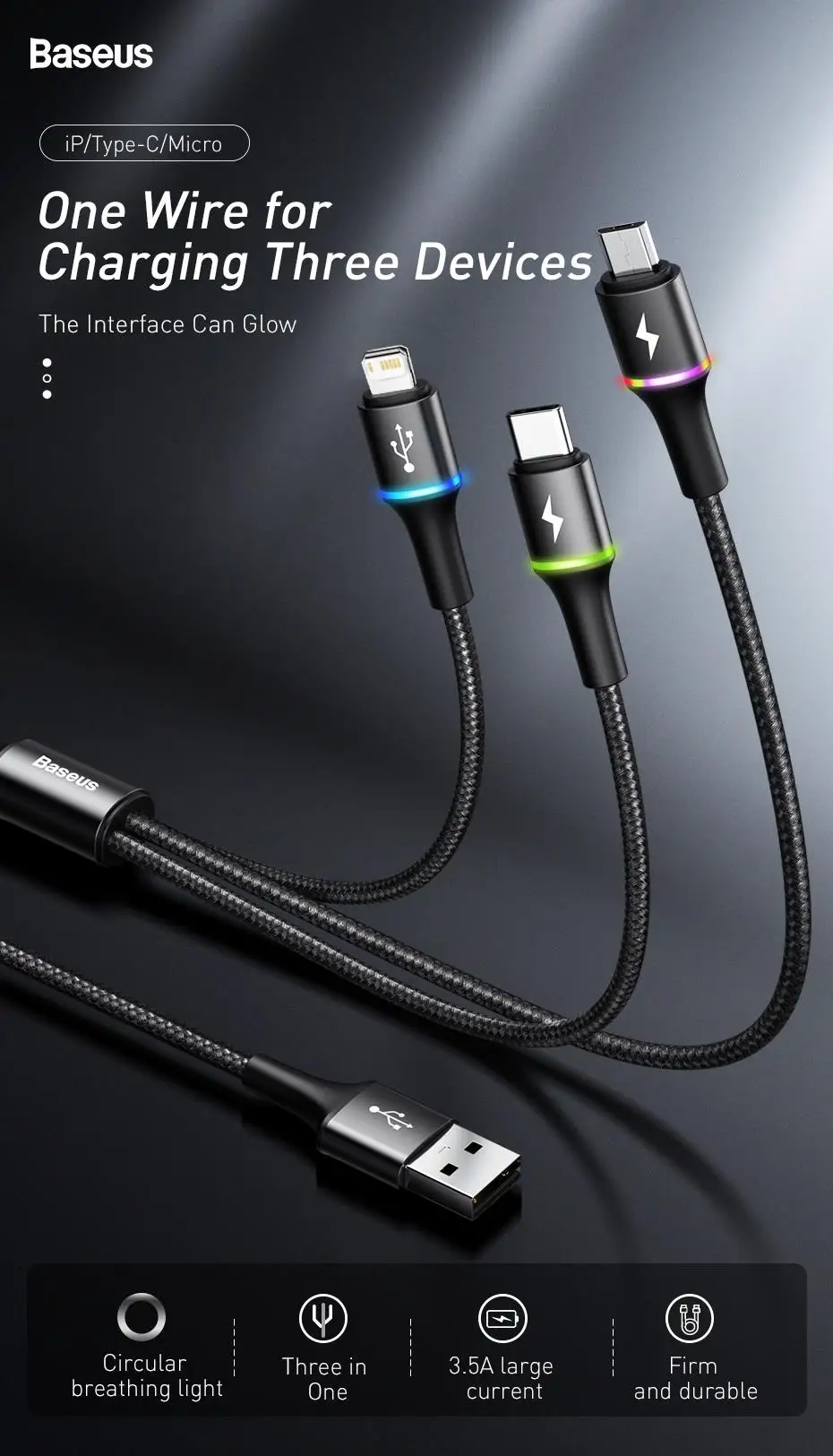 Baseus 3 in 1 USB Cable For iPhone Samsung Xiaomi Type C Fast Charging Micro USB Cable 3in1 USB Type-c USBC Data Wire Cord