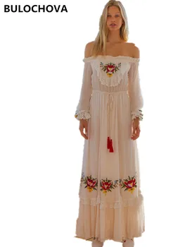 

High Quality Women Runway Boho Long Sleeve Off the Shoulder Dresses 2019 Newest Design Woman Embroidery Flower Maxi Long Dress