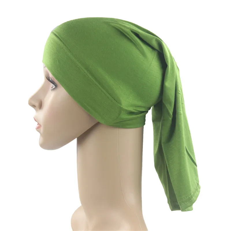 Мусульманский женский хлопковый шарф для девочек, длинные внутренние шапочки под хиджаб, исламский хиджаб, головной убор, сплошной цвет, очень мягкий стрейч - Цвет: Army Green