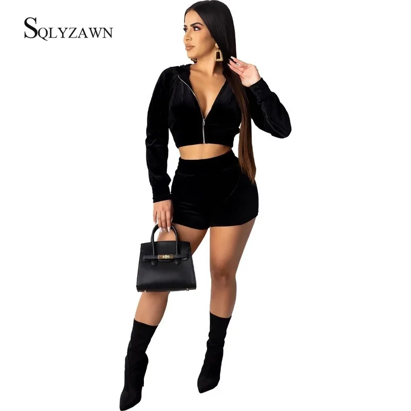 Velvet Hoodie Cropped Jacket Two Piece 