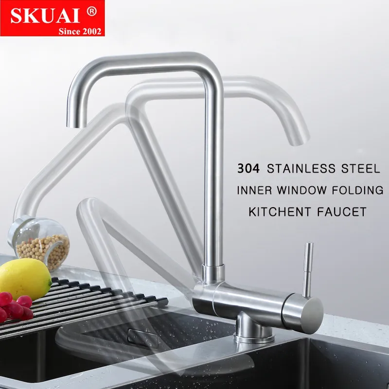 

SKUAI Stainless Steel Kitchen Faucet Lead-free Folding Mixer 360 Degree Swivel Single Handle Nickel Kitchen Sink Taps SLT125