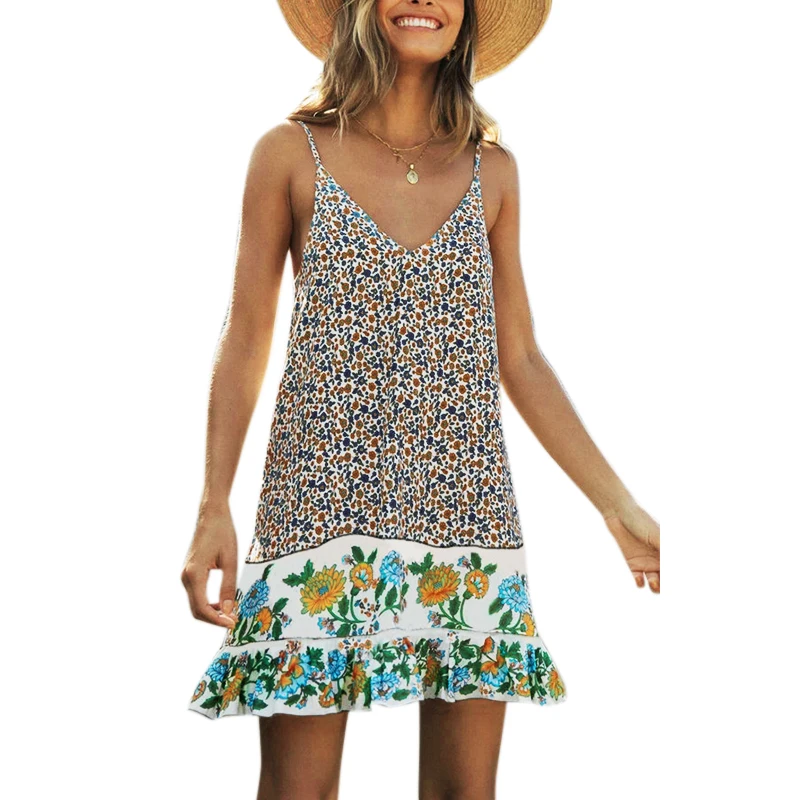 

Women Summer Floral Dress 2020 Fashion Sexy V neck Boho Style Fuffles Hem Mini Dresses Sholder Straps Casual Holiday Vestidos