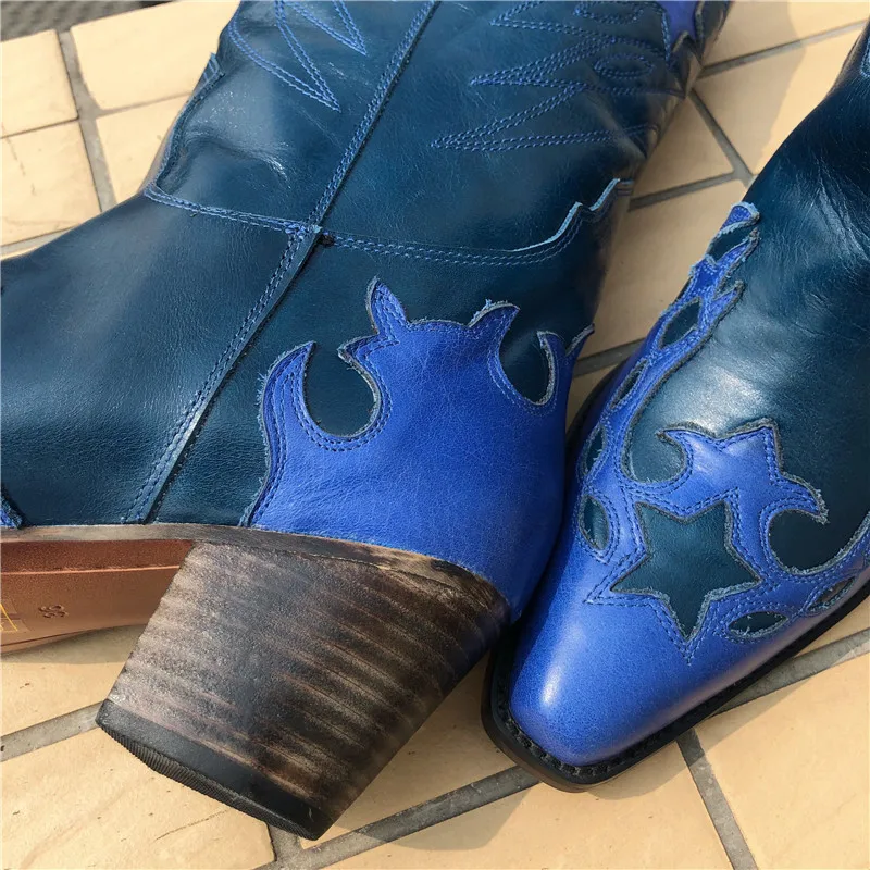Jady Rose Retro Genuine Leather Women High Boots Slip On Chunky High Heel Cowboy Boots Pointed Toe Embroidery Botas Mujer