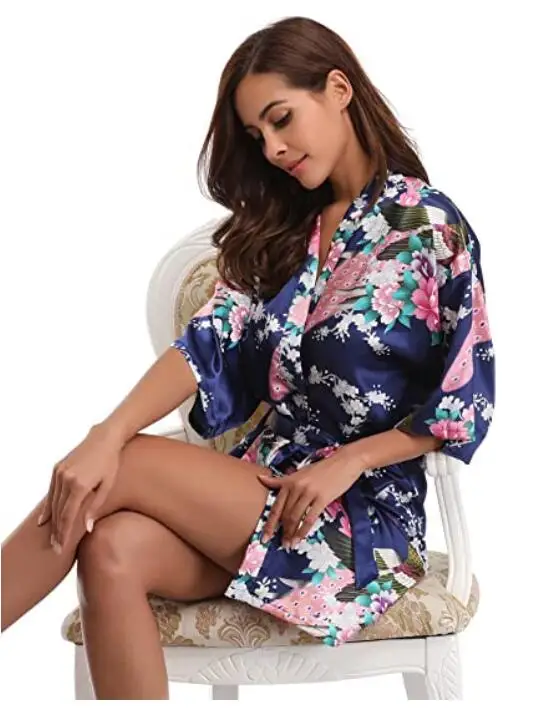 Silk Satin Wedding Bride Bridesmaid Robe Floral Bathrobe Short Kimono Robe Night Bath Fashion Dressing Gown For Women