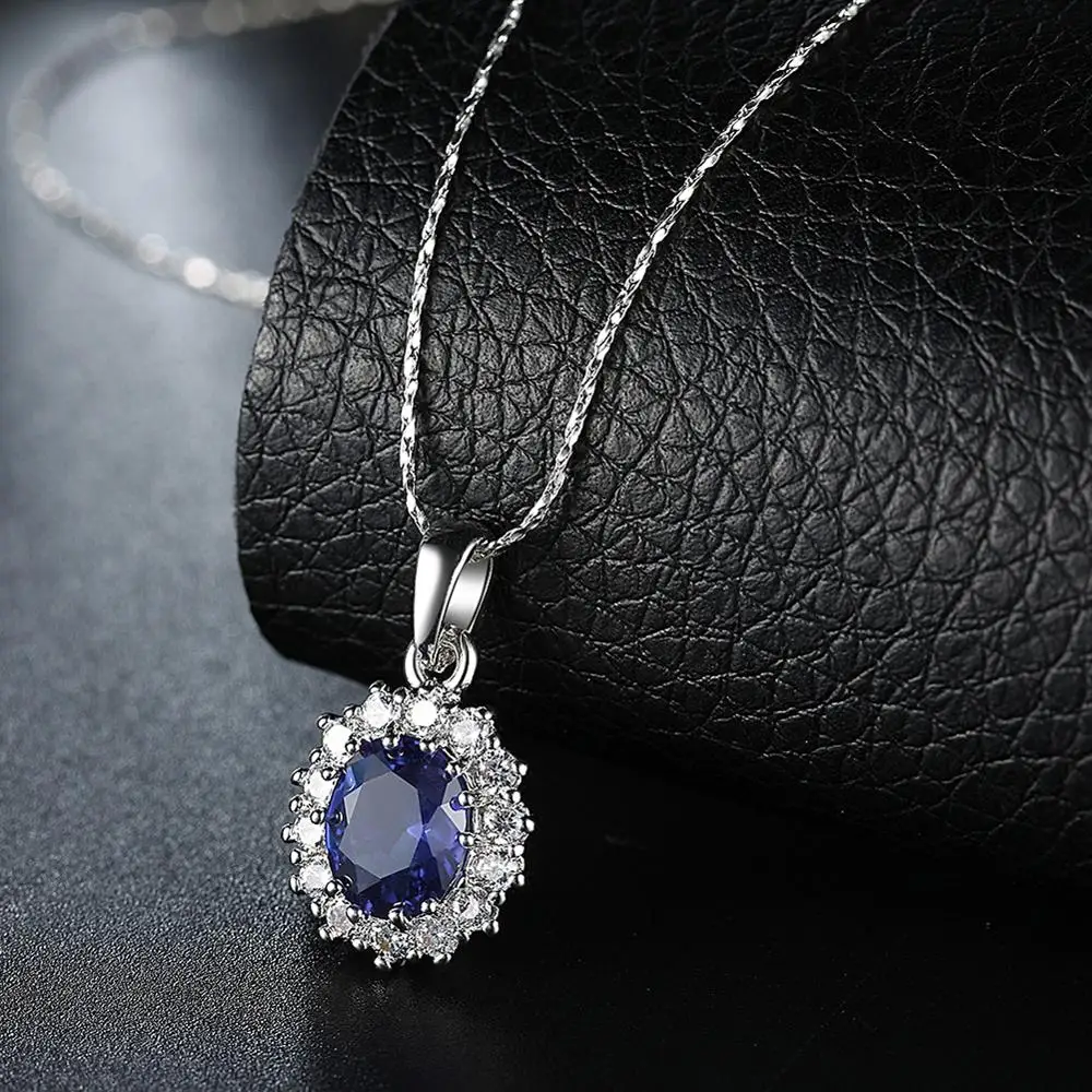 Pendant Necklace Silver Necklace Silver Pendant Silver Necklace Charms Elegant Oval Princess Diana William Sapphire Pendant Necklace for Women 925 Sterling Silver Charms
