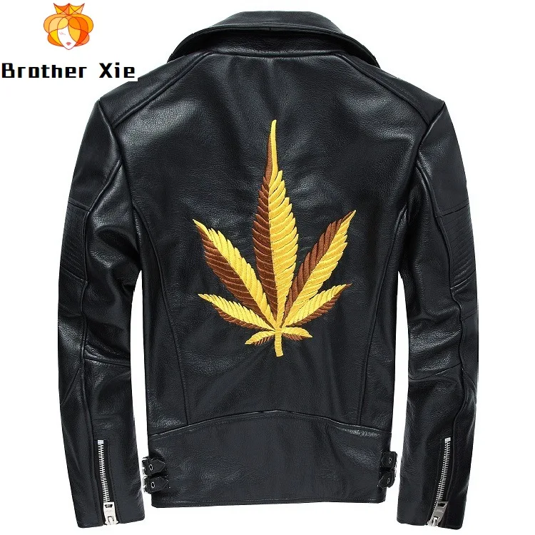 

2020 Men's Genuine Leather Jackets Maple Leaf Embroidery Motorcycle Leather Jacket Black Cowhide Biker Coat for Male