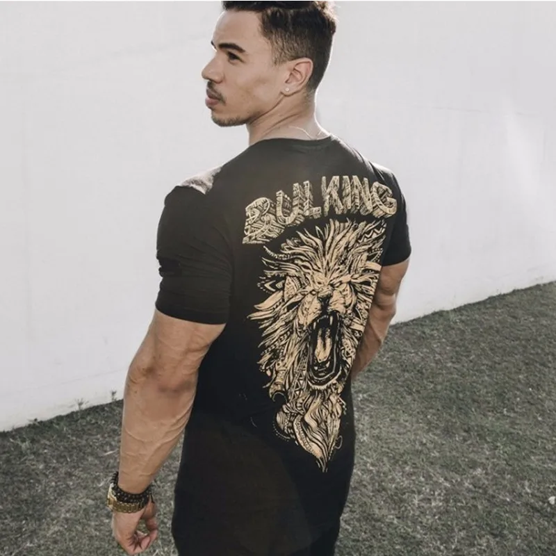 High quality Men Short sleeve T-shirt Casual Fashion Print shirt Gyms Fitness Bodybuilding Workout Quick drying Summer Tees Tops