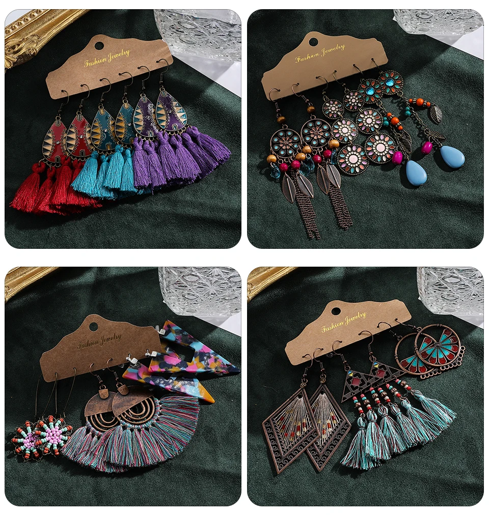 Ethnic Sundry Color Feather Tassel Earrings Sets Bundles for Women 2020 Boho Vintage Metal Water Drop Earring Jewelry Gifts Accessories Wholesale Dropshipping (242)