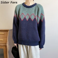 

Sister Fara Autumn Winter Print Pullover Sweater Women's O-Neck Patchwork Loose Sweaters Ladies Thick Warm Knit Casual Sweaters