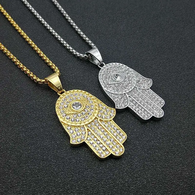 

New Hip-hop HIPHOP Jewelry Titanium Steel Silver Gold-plated Diamonds Hand Shape Pendant Necklace Personlised Chain Necklaces