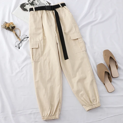 apricot pants Neploe Harajuku уличные брюки карго Женские повседневные джоггеры спортивные штаны с высокой талией свободные женские брюки корейский пояс - Color: apricot pants