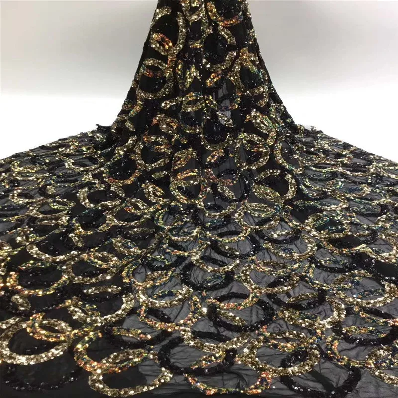 

2020 sequin lace African gold + black lace fabric high quality beautiful nigerian wedding lace new design french dress(ZZ-20-3