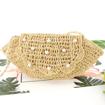 

Straw Pearl Crossbody Shoulder Bag Handmade Woven Women Rattan Messenger Bags for Outdoor Shopping Traveling Ornaments