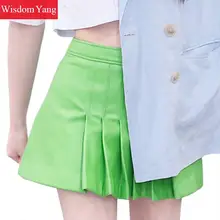 Осенняя натуральная овчина юбка из натуральной кожи с высокой талией Мини плиссированные женские юбки синие зеленые черные вечерние сексуальные женские юбки