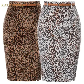 

Kate Kasin Women's Leopard Pattern Print Pencil Skirt Fashion Lady Belt Decorated Hips-Wrapped Bodycon Skirt