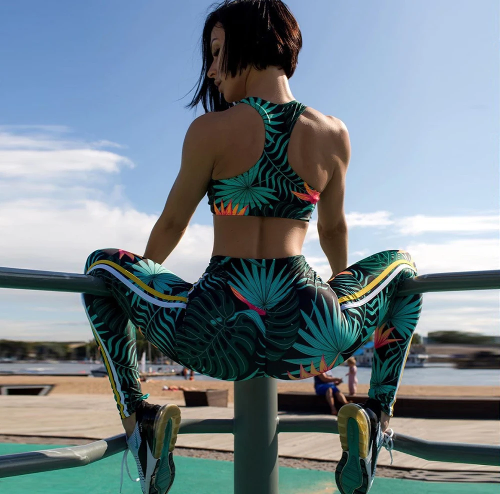

Women Leaf Print Yoga Set Women Tracksuit Gym Clothing Fitness Tracksuit Mujer Sport Suits Slim Sportswear