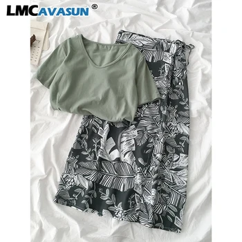 

Vintage Summer Skirt Set Women Casual Short Sleeve T-shirt + High Waist Leaves Pattern Maxi Skirt Matching Set Two Pieces Suit