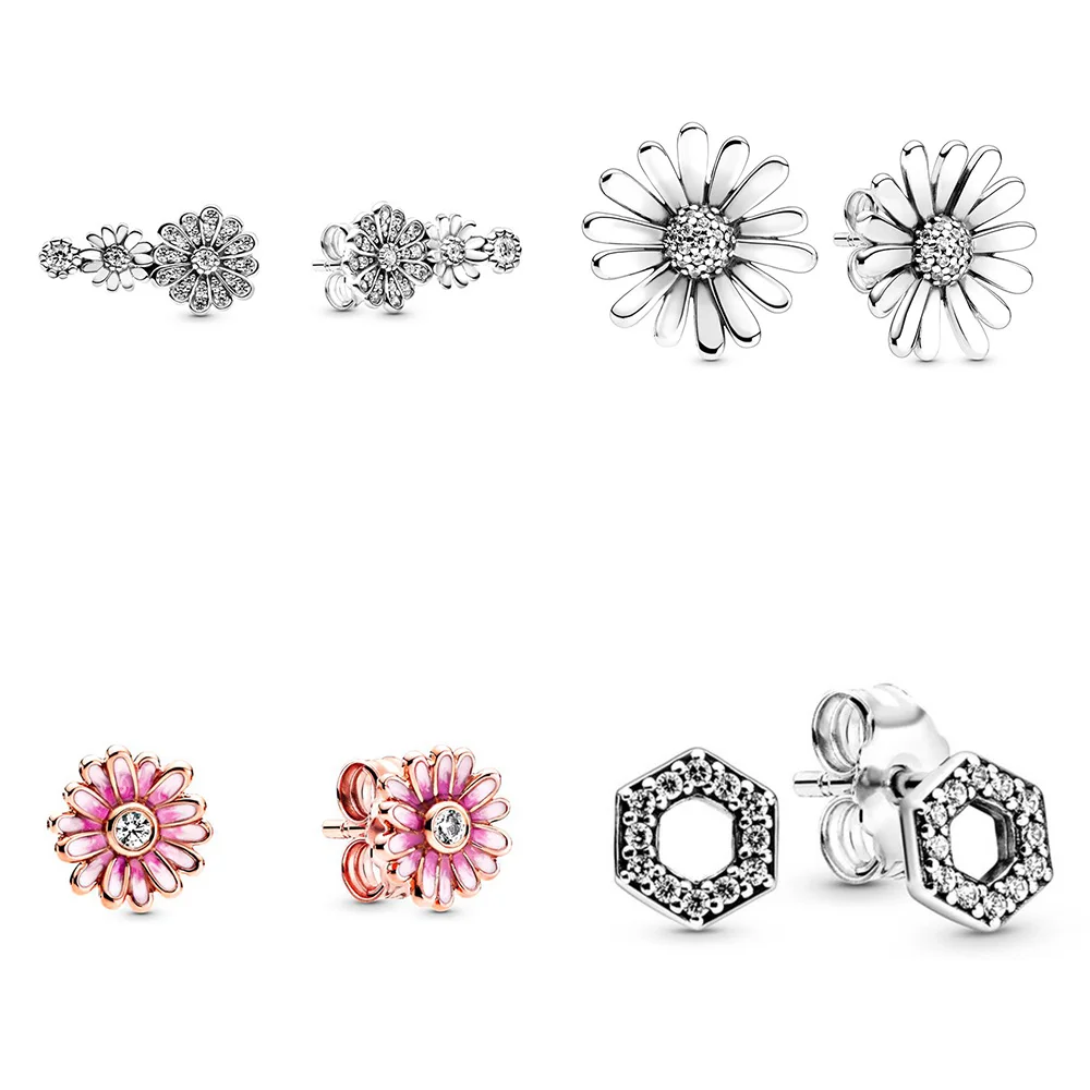 

Silver Color Earrings Happy Daisy White Red Flower DIY Honeycomb Crystal Earring Pan Earrings For Women Party Fine Jewelry