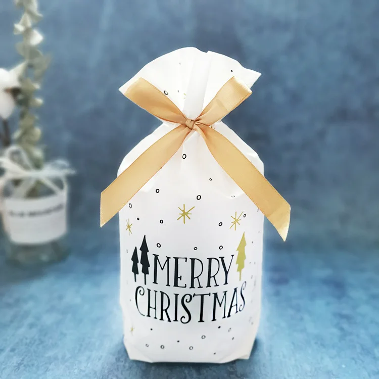 10PCSNew Year Christmas Bag Christmas Gift Bag Candy Cookies Plastic Bag for Packaging Food Gift Drawstring Drawstring Pocket - Color: Christmas bag-1