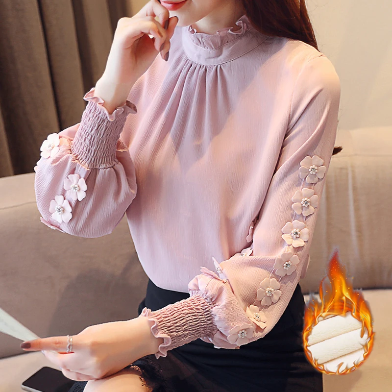 

Long Sleeves Plus velvet Blusas Mujer De Moda 2020 Autumn New Stand Collar Beaded Chiffon Shirt Flowers Women Blouse Shirt 28i
