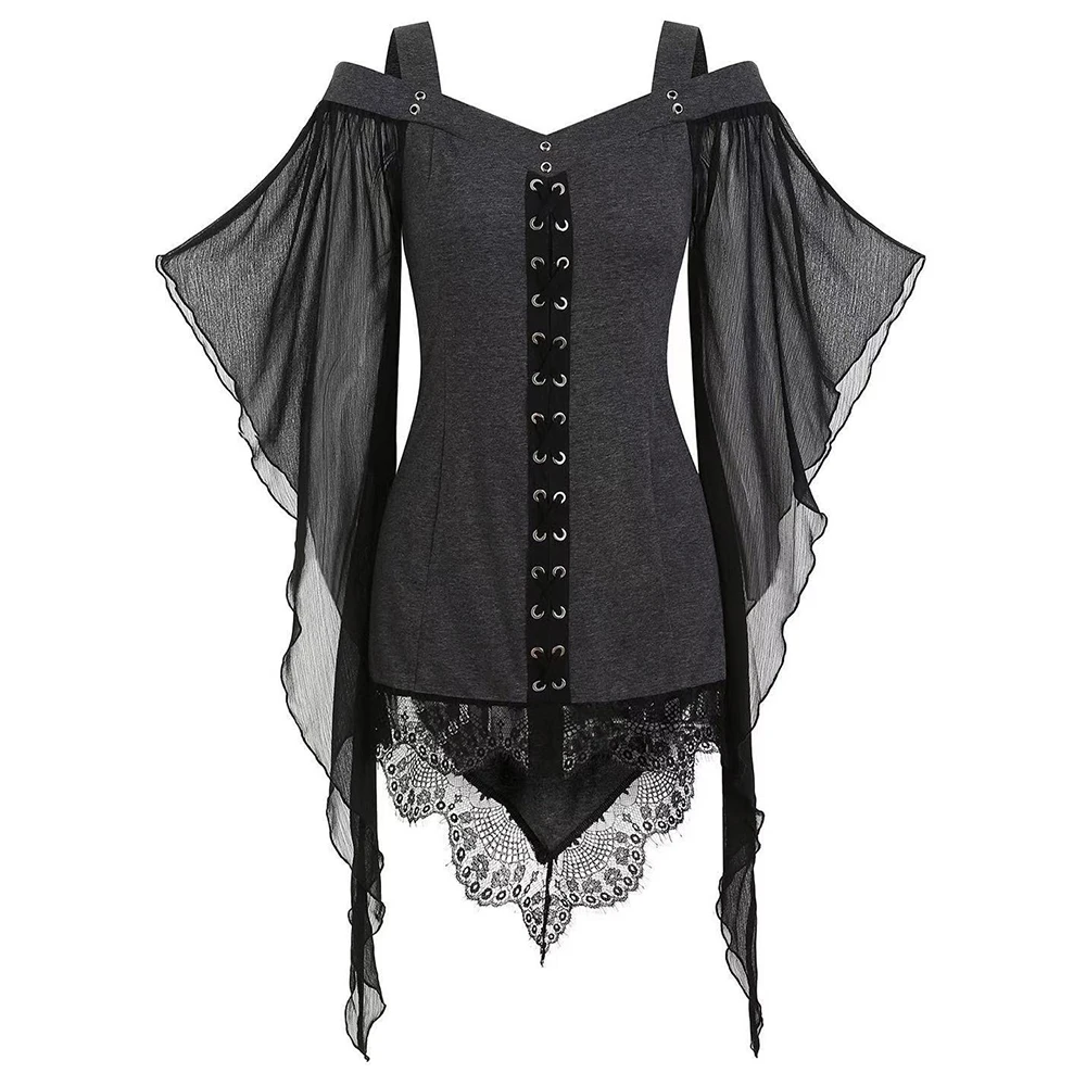Dark Gray 5xl, готический стиль, женская Асимметричная блузка, сексуальная, с открытыми плечами, рукава, на шнуровке, женские блузки размера плюс, одноцветные, кружевные, 2 поддельных комплекта - Цвет: Dark Gray