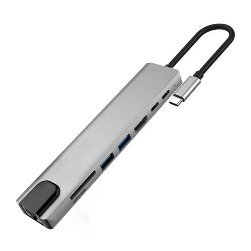 8 в 1 type-C концентратор USB-C 4 к HDMI/USB3.0/RJ45/PD зарядка аудио/SD/TF кардридер адаптер Usb разветвитель для MacBook Pro - Цвет: Серебристый
