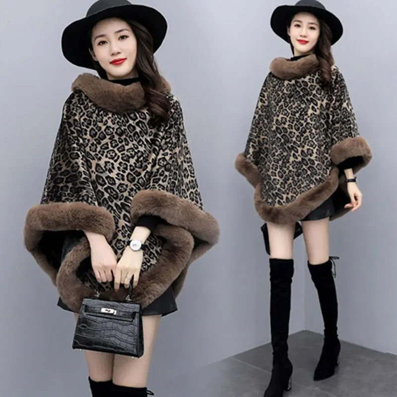 

Womens Capes And Ponchoes 2022 Winter Parka Leopard Fur Coat Knitting Oversized Knitted Sweater Poncho Long Cashmere Pullover