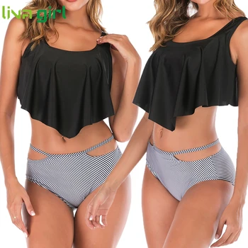 

Plus Size 3XL Swimwear Bandage Two Pieces Ruffles Bikinis Backless Swimming Suit For Womens Tankinis Bathing Suits Biquini 2020