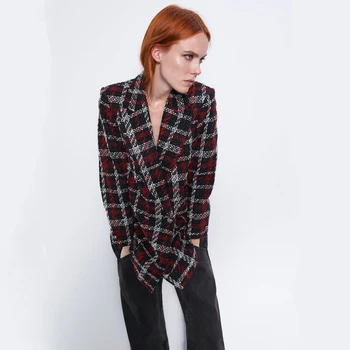 

ZA Regular Women's Plaid Double-breasted Blazer Long-sleeved No Cap Polyester Cotton Fabric Temperament Simple Blazer